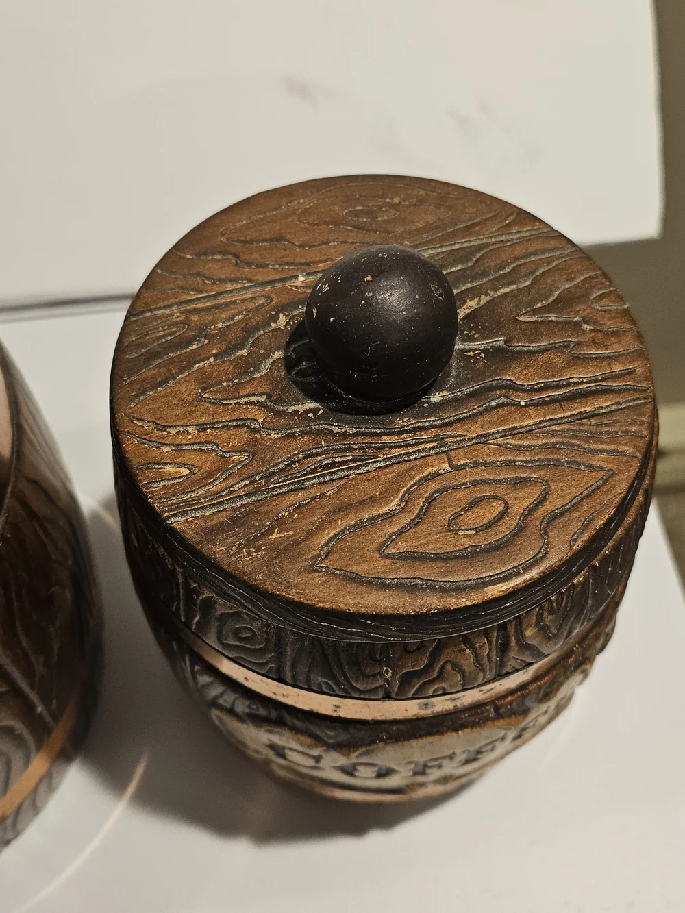 Vintage Treasure Craft Wood Grain Barrel Ceramic Canisters - Brown & Gold